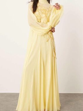 Embroidered Chiffon Lantern Sleeve Maxi Dress